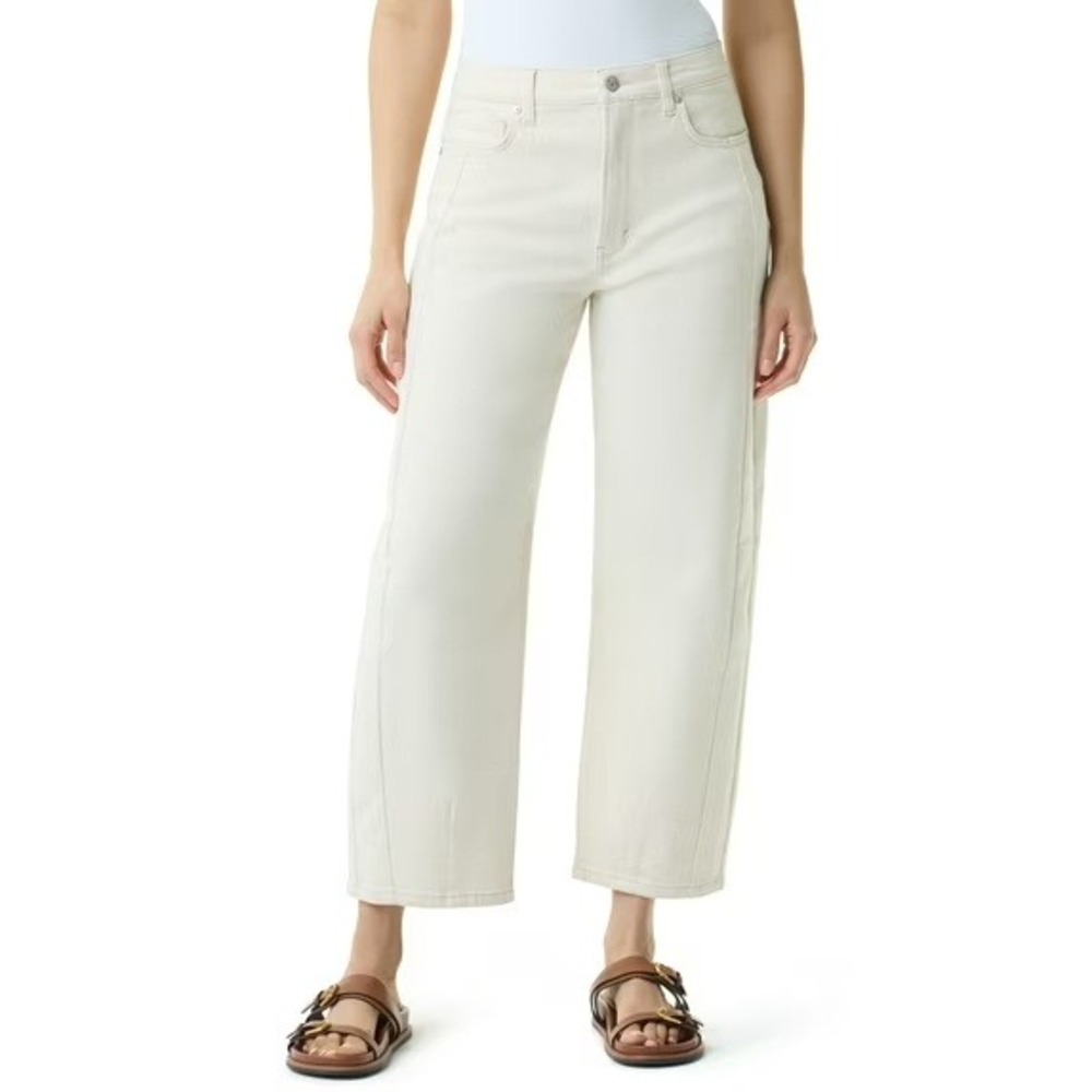 New! Women's Cream Wide Leg Modern Relaxed High Rise Barrel Denim Jeans Sz 8